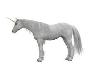 Naklejka na ściany i meble White unicorn standing side view. Fairytale creature 3d illustration isolated on transparent background.