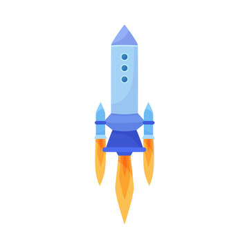 Blue or purple rocket with orange jet steam cartoon illustration. Colorful missile taking off, space ship firing flame and fire isolated on white background. Flight, speed concept