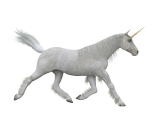 Obraz na płótnie Canvas White unicorn cantering. Fairytale creature 3d illustration isolated on transparent background.