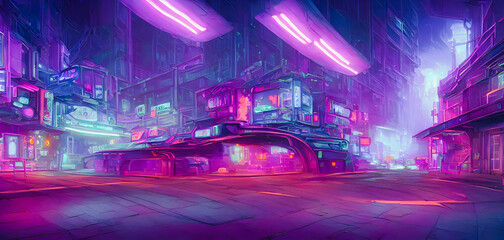 Artistic concept painting of a cyberpunk city street, background illustration