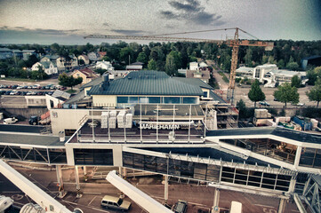 Helsinki, Finland, February 2018 - A train is parked on the side of a building