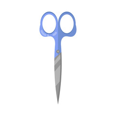 Metal or steel scissors with blue handle cartoon illustration. Equipment or instrument for stationery or handicrafts, closed shears, paper cutting tool on white background. Craft concept