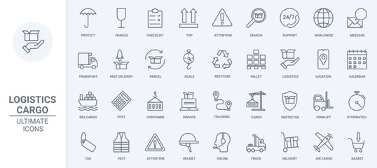 Worldwide delivery support service, logistics and transport thin line icons set vector illustration. Outline truck, ship for fast shipment of freight parcels, crane and forklift, umbrella and shield