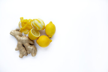 lemon and ginger on a white background