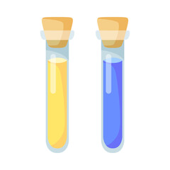 Test tubes with yellow and blue liquid. Using glass flasks for conducting chemical analysis or experiment and making potion. Lab equipment, laboratory, chemistry concept