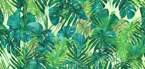 Fototapeta na wymiar Painting of a jungle leaves seamless, background illustration.