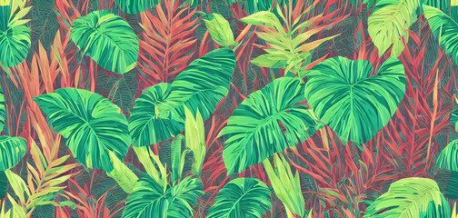 Fototapeta premium Painting of a jungle leaves seamless, background illustration.