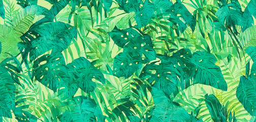 Fototapeta na wymiar Painting of a jungle leaves seamless, background illustration.