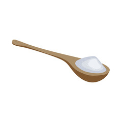 Wooden spoon with sugar. Spoonful of white granulated sugar. Vector illustration isolated in white background. Sweet food, sucrose concept.