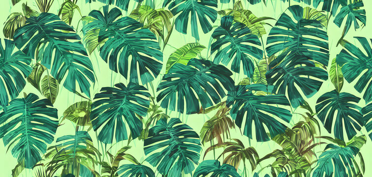 Painting of a jungle leaves seamless, background illustration.