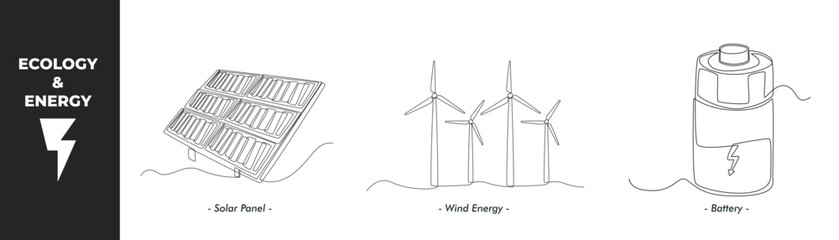 Single one line drawing energy and ecology concept set. Solar panel, wind energy and and Battery. Continuous line draw design graphic vector illustration.