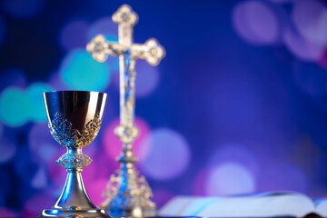 Catholic religion concept. Catholic symbols composition. The Cross, monstrance,  Holy Bible, rosary...