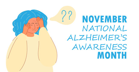 National Alzheimer awareness month in USA concept vector. Dementia, neurology health care, Parkinson or Alzheimer disease metaphor are shown.