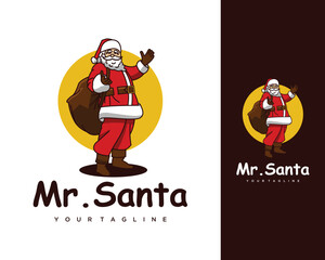 cartoon Christmas illustrations isolated on white. Funny happy Santa Claus character with gift, bag with presents, waving and greeting