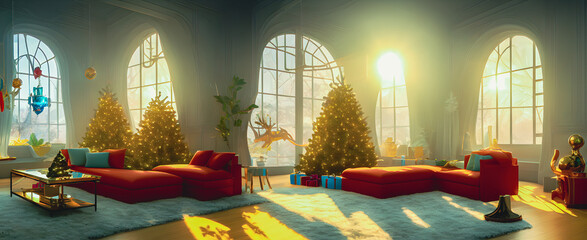 Artistic concept painting of a beautiful festively decorated home with Christmas tree, background illustration