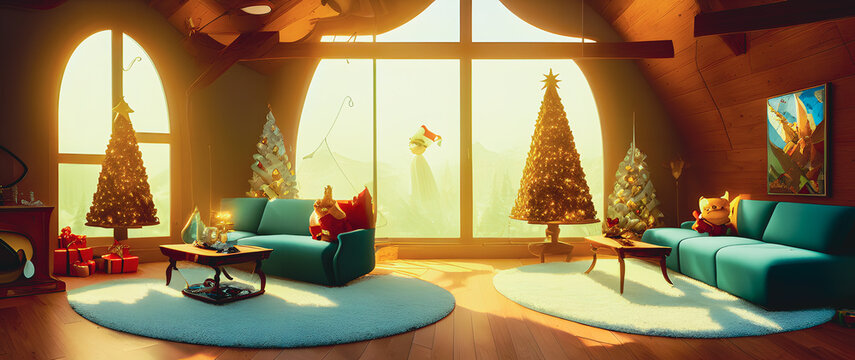 Artistic concept painting of a beautiful festively decorated home with Christmas tree, background illustration