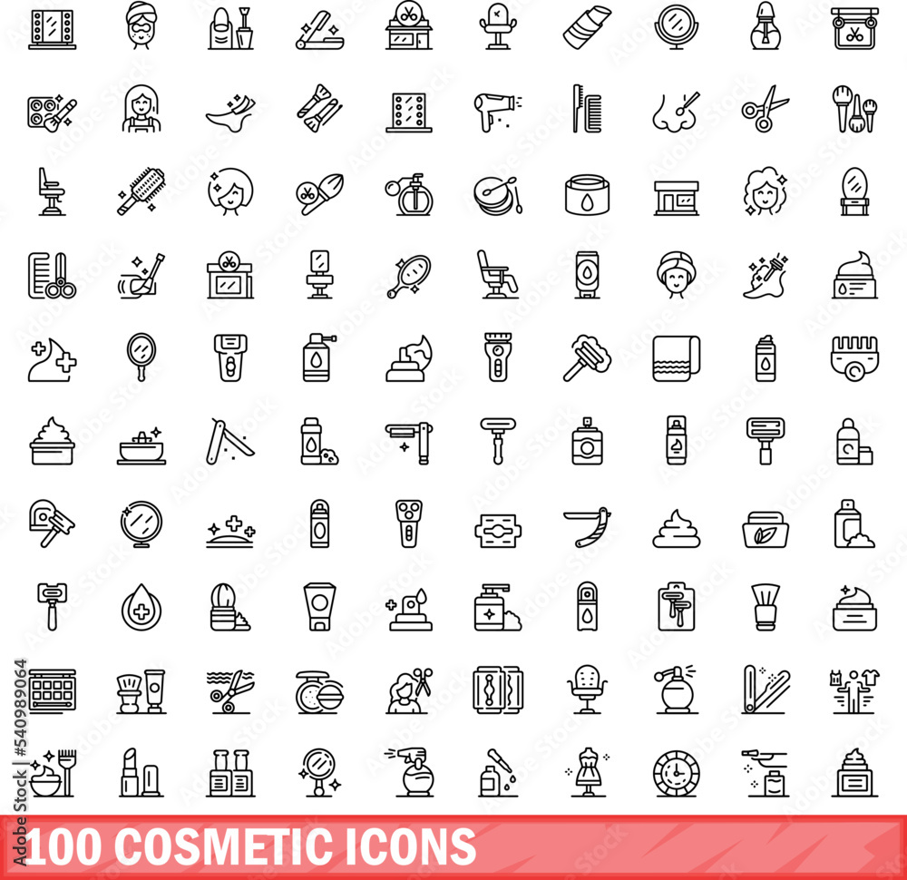 Sticker 100 cosmetic icons set. Outline illustration of 100 cosmetic icons vector set isolated on white background - Stickers