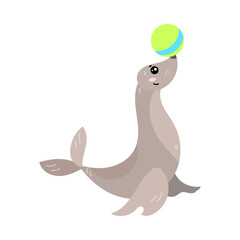 Cute sea lion playing with ball. Trained sea lion balancing ball on nose. Vector illustration for mobile app, sticker, kids print design. Circus concept