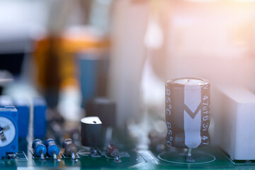 Closeup.Electronic circuit board close up. Defocused background with copy space. Computer technologies and details. Technique, technology, electronics, device.