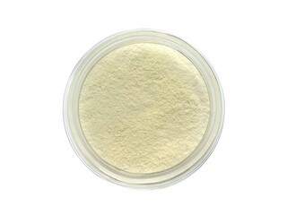 Top view of creamer, coffee whitener in a glass bottle on white background.