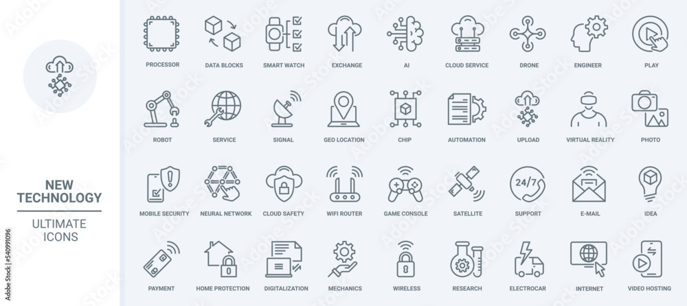 Poster Technology of future thin line icons set vector illustration. Outline modern innovations for smart home digitization, AI and neural network, robots and drones, security service for digital data