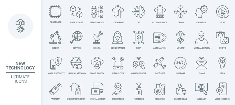 Technology of future thin line icons set vector illustration. Outline modern innovations for smart home digitization, AI and neural network, robots and drones, security service for digital data