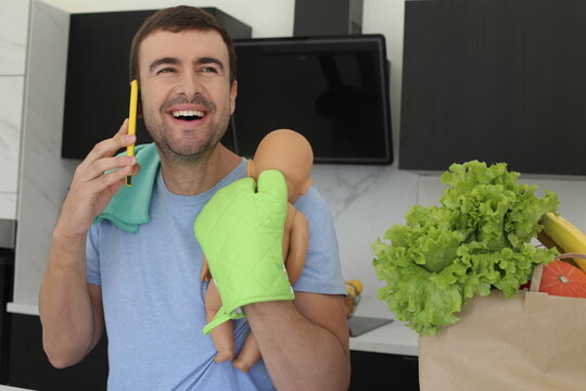 Cheerful Man Multitasking At Home 