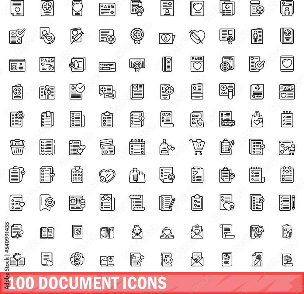 Poster 100 document icons set. outline illustration of 100 document icons vector set isolated on white back