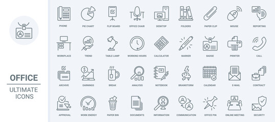 Obraz na płótnie Canvas Office communication and documents thin line icons set vector illustration. Outline working team symbols, finance trend analysis and pie chart report, brainstorm, planning and business meeting