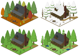 Wood cabin, four season. Isometric vector.  Europe architecture.