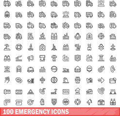 100 emergency icons set. Outline illustration of 100 emergency icons vector set isolated on white background