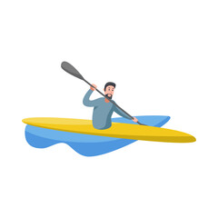 Caucasian man kayaking with paddle on white background. Male character in kayak, water sport cartoon vector illustration. Summer leisure, recreational ocean outdoor activities concept