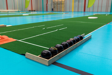 Indoor bowls carpets. Also known as lawn bowls or lawn bowling