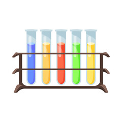 Cartoon test tubes in rack with colorful liquid. Using glass flasks for conducting chemical analysis or experiment and making potion. Lab equipment, laboratory, chemistry concept