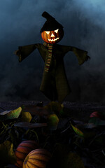 3d Illustration of Scary Scarecrow with Pumpkin Head in a Hat and Coat on Night Cornfield. Spooky Halloween Holiday Concept.