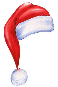 Red Santa Claus hat on isolated white background, watercolor illustration.