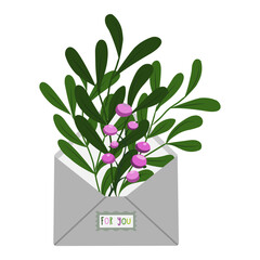 postcard, vector flower decoration design Cute envelope with flowers, plants inside and the inscription for you . A bouquet of spring flowers. Flat vector illustration of a love letter. Romantic