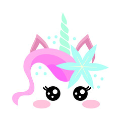 Pretty unicorn face with pink hair cartoon illustration. Cute funny magic animal head with green horn and colorful hair or birthday decoration for cake on white background. Fantasy, dream concept