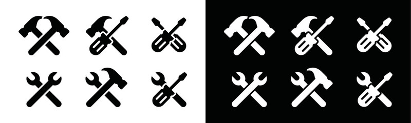 Hammer, wrench, and screwdriver crossed icon vector set. Tools crossed icon collection. Service, repair, fix, restore, maintenance symbol illustration