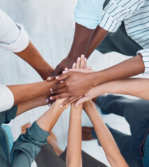 Diversity, hands and team above in support, trust and unity for collaboration, agreement or meeting...