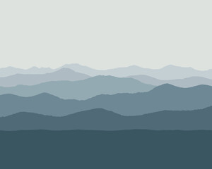 Fototapeta na wymiar Mountain landscape graphic picture. Realistic view hills and sky. Background with space for text. Vector illustration