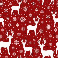 Christmas animal seamless pattern with reindeer silhouette, snowflakes and snow. Prints, packaging template, wrapping paper, textiles and wallpaper.