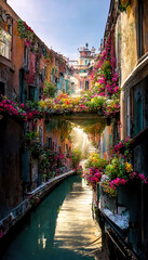 AI generated image depicting the beautiful cityscape of Venice in Italy, with canals, boats, gondolas, houses, Grand Canal and Basilica Santa Maria della Salute