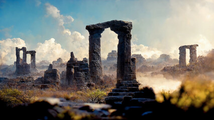 ruins of ancient city, landscape, digital illustration, AI generated