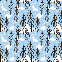 Fototapeta premium Forest landscape with trees on a winter background. Seamless pattern with hares in the forest. White drifts and snowflakes. The hare sits under a tree in the snow. Illustration in cartoon style.
