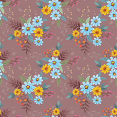 Beautiful blue and yellow flowers on brown color background seamless pattern.