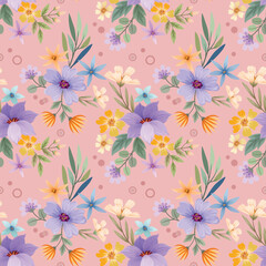 Blooming purple and yellow color flowers seamless pattern. Can be use for fabric, textile, wallpaper.