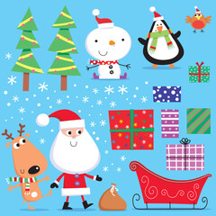 Cartoon cute vector illustration Christmas set including Santa, Santa’s sack, reindeer, gifts and presents, snowman, penguin, robin red-breast, sleigh, Christmas trees, and snowflakes.