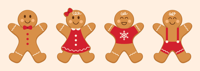 Set of gingerbread man and woman sweet cookies. Holiday winter Christmas symbols. Vector illustration.