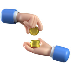 Cartoon 3d hand passes coins to the other. One hand holding a gold coin gives it to the other. Concept of money, salary, payment, corruption, gift, bribe. 3d rendering